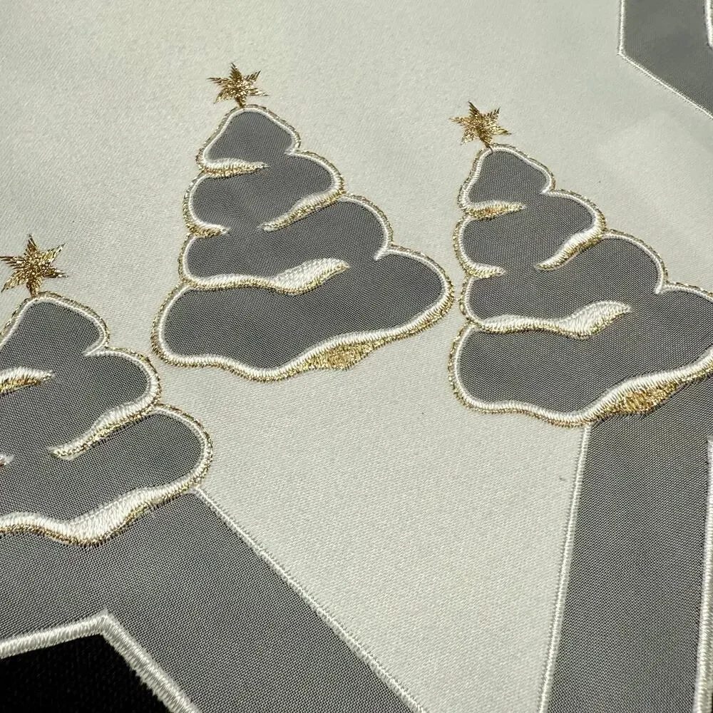 Set 2 German Embroidered Christmas Table Mats 15” Star Shaped Trees Gold Thread